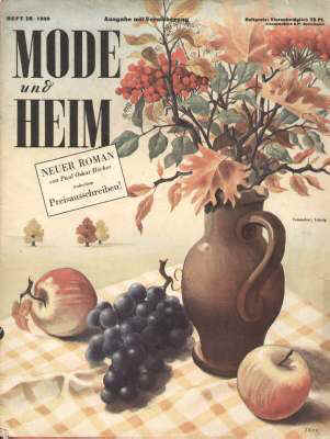 Mode und Heim. Ausgabe mit Versicherung. Versandort Leipzig. Heft 16 von 1939. Verlag Vobach Bernhard Meyer und Curt Hamel, Berlin 1939 Großformat 34,5 x 26,5 cm. 31 Seiten mit zahlr. farbigen Mode-Illustrationen von Duve und Stang. Komplett mit 1 mehrfach ausfaltbaren, unbenutzten Schnittbogen.