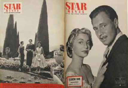 STAR-Revue. Die Film- und Fernseh-Illustrierte. Titelseite - Ivan Desny und Denise Gormand in dem Film "André und Ursula".. 8. Jahrgang Nummer 12 erstes Juniheft. Hamburg 1955. 32 Seiten mit zahlreichen Abb. Großformat: 26,5 x 36,5 cm. Inhalt u.a.: Foto-Bericht über Hans Söhnker privat. / "Der doppelte Ehemann" ein Filmschwank der London-Film mit Grethe Weiser. Einbandrückseite Eva Bartok, Margit Saad und die Begum des Aga Khan in der Villa Yakimour in Cannes. .