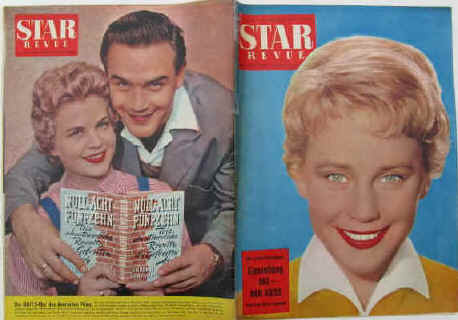 STAR-Revue. Die Film- und Fernseh-Illustrierte. farbige Titelseitemit Portrait von Maria Schell 9. Jahrgang Nummer 15. Hamburg Juli 1956. 36 Seiten mit zahlreichen Abb. Großformat: 26,5 x 36,5 cm. Inhalt u.a Arthur Maria Rabenalt Filmaufnahmen zu "Tierarzt Dr. Vlimmen" mit Bernhard Wicki / Portrait Lilli Palmer / Portrait Gary Cooper / 7 Fotos mit Topsy Küppers und Silvio Francesco / Zu Gast bei Harry Meyen. Einbandrückseite Farb-Portrait von Filmschauspielerpaar Gundula Korte und Joachim Fuchsberger.