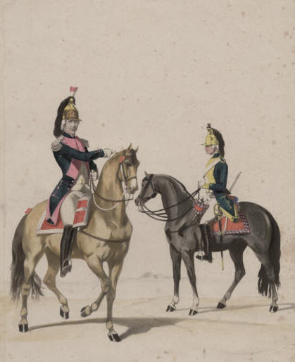 Dragons. Régiment de Chartres, Colonel / Régiment de Penthièvre, Soldat. Lithographie de Alfred de Marbot.