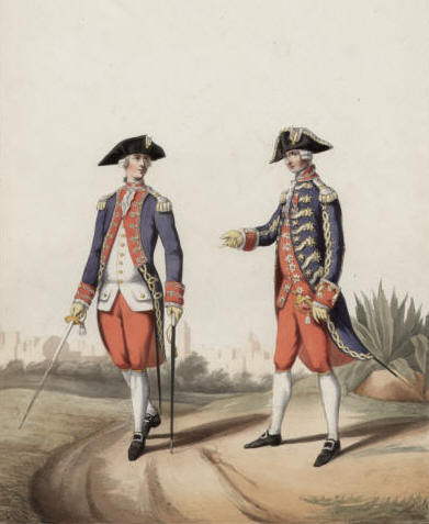 Louis XVI - Maison du Roi. Officiers des Gardes de la porte. Belle lithographie coloriée à la main par Alfred de Marbot.
