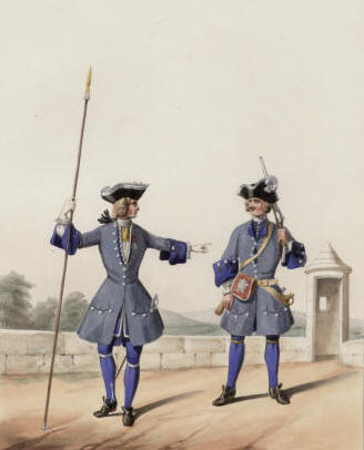 Louis XV - Infanterie Française. Milices du Bérry. Colonel en tenue de service à pied. Lithographie coloriée à la main de Alfred de Marbot.