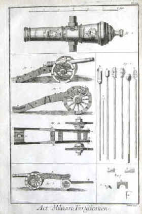 1762 artillerie et fortification: pièces de canon, affût et  instruments.