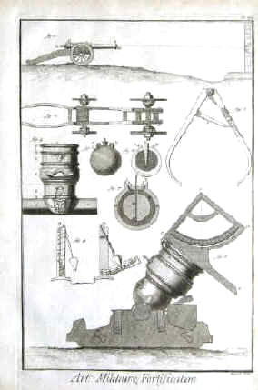 artillerie - le pointage du canon, compas, mortier, bombe 1762 Gravure originale de Benard.