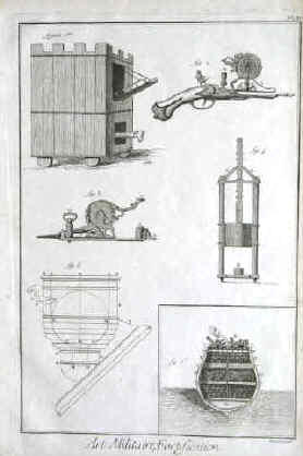 Art Militaire Fortification 1762: Tour avec son bélier et son pont, éprouvette, mortier, la machine infernale échoué devant Saint-Malo