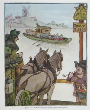 Tomi Ungerer Illustration für Februar: Was macht der Fuhrmann? Der Fuhrmann spannt den Wagen an.