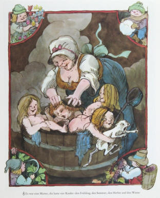 Tomi Ungerer Illustration für Juni: Es war eine Mutter, die hatte vier Kinder: den Frühling, den Sommer, den Herbst und den Winter.