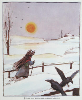 Tomi Ungerer Illustration für Januar: Ein sehr harter Winter ist, wenn ein Wolf den andern frisst.