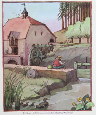 Tomi Ungerer Illustration für August: Es klappert die Mühle am rauschenden Bach, klipp klapp! Klipp klapp!