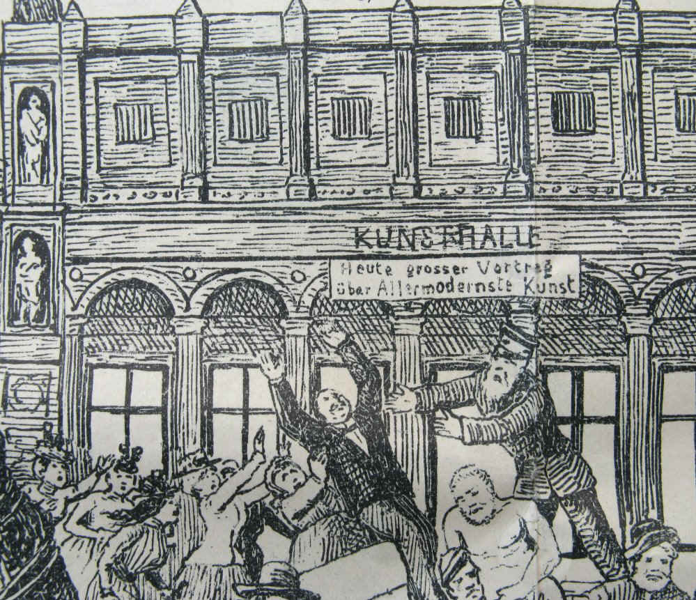 Hamburger Kunsthalle -  Der Direktor Alfred Lichtwark in einer Frauengruppe. Karikatur von Christian Förster gezeichnet von Karl Josef Müller in Hamburg.