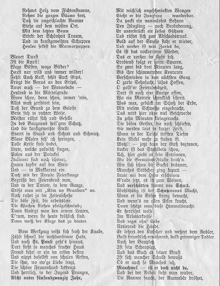 humorvolle Verse von  A. von Wedel  zum Bau dem Hamburger Hauptbahnhofs 1904 bis 1906