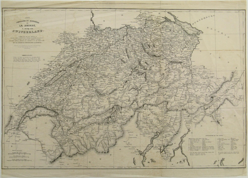 Cartographer Thomas Starling. - Carte physique et routiere de la Suisse / A map of Switzerland. Landkarte der Schweiz. Original lithograph published by George Virtne, London, Ivy Lane Paternoster Row, 1836.