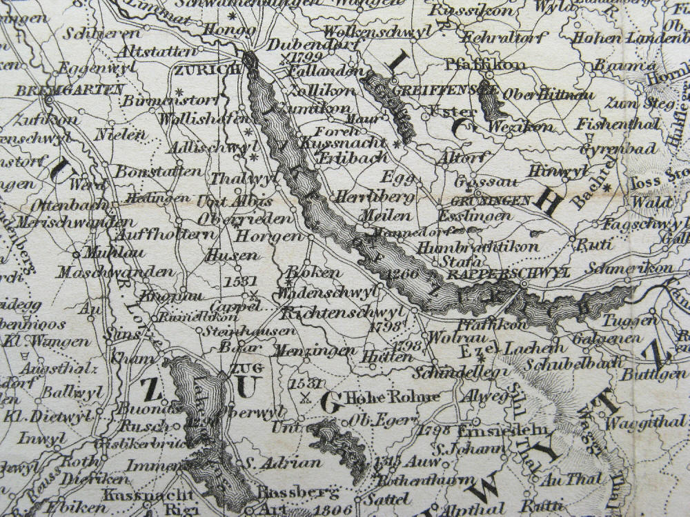 Lake of Zurich - Detail from the map by Thomas Starling 1836. Zürich, Zürichsee, Zug, Zugersee, Bremgarten, Rapperschwyl