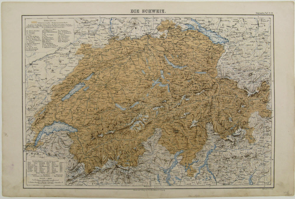 Lange, Henry - Die Schweiz. Farbige Landkarte der Schweiz. Geographie Tafel 21. 22. Original-Lithographie. Leipzig, F. A. Brockhaus, ca. 1866