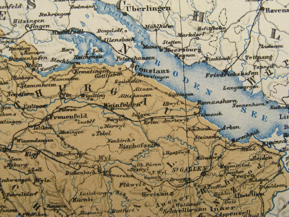 Detail von der Bodensee-Region / Thurgau. Henry Lange, der seit 1855 für Brockhaus als Kartograph tätig war. (Karl Julius Heinrich (Henry) Lange, geboren 1821 in Stettin, gestorben 1893 in Berlin)