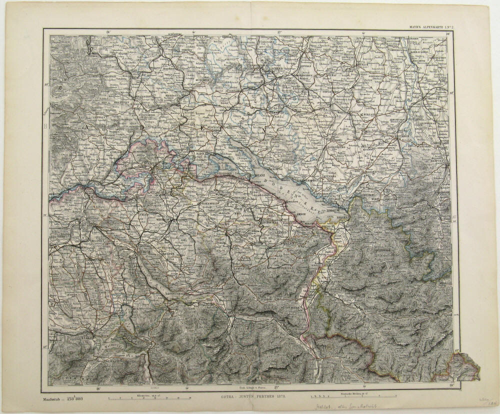 Karte aus Stieler's Hand-Atlas. Handatlas über alle theile der Erde und über das Weltgebäude, Gotha, Perthes, 1878. Kartenausschnitt von Rottweil bis Luzern - Altdorf, von Aarau - Waldshut bis Kempten 