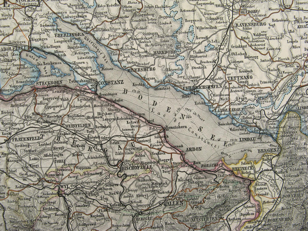 Bodensee Constanz, Steckborn, Frauenfeld, Wyl, Bischofzoff, St. Gallen, Altstetten, Arbon, Rorschach, Rheineck, Bregenz, Lindau, Friedrichshafen