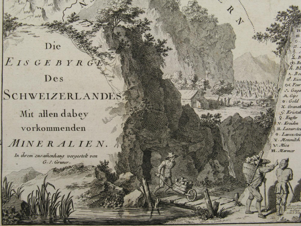 geologische Karte der Fundstellen, Kupferstich, Schweizer Alpen, Eisgebirge, Mineralien, Geologie, Mineralogie von A. Zingg. Geschrieben von Drouet. Druck auf Bütten. Mehrfach für das Buch gefaltet, sonst sehr guter Zustand. Gottlieb Sigmund Gruner (1717 - 1778) / Adrian Zingg (1734 - 1816)