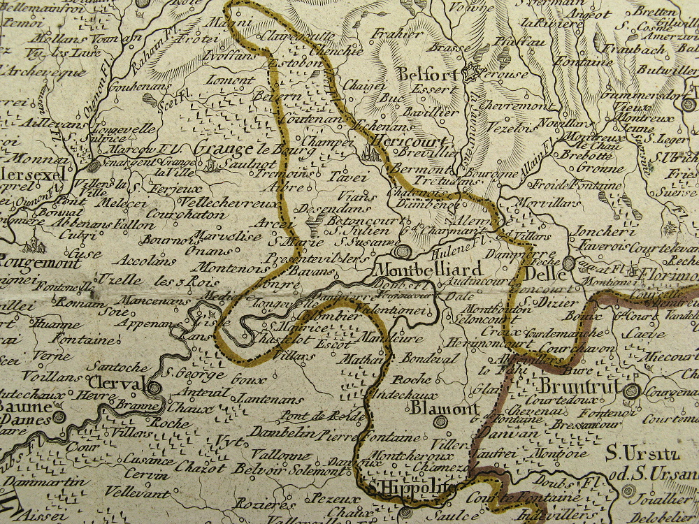 ca. 1792 alte Landkarte Belfort, Montbelliard, Delle, Blamont, S. Hippolite, Clerval