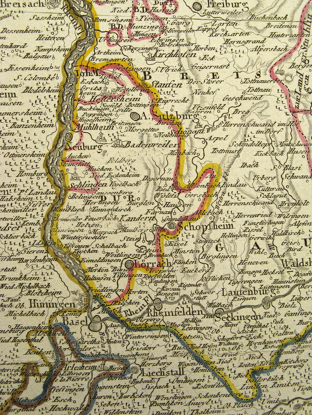 Landkarte Landvogtei Schlingen, Neuburg am Rhein, Badenweiler, Schopfheim, Laufenburg, Lörrach, Festung Hünningen, Basel, Rheinfelden, Seckingen, Arlesheim, Liechstall 