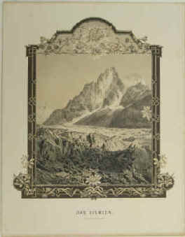 Stilke, Hermine - "Das Eismeer" (Grindelwald Gletscher in der Schweiz). Chromo-Lithographie. Entwurf von Hermine Stilke zeigt das Eismeer mit großer Schmuckgirlande. Berlin, Verlag. Georg Stilke, um 1866