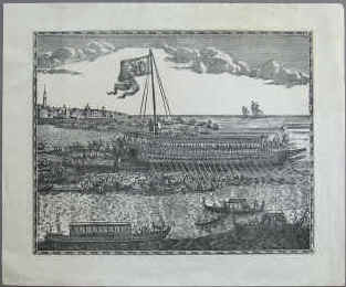 Mortier, Pierre - " Solennité du bucentaure qui ce celebre a Venise le jour de l'ascension". Engraved text on top of the picture. Numbered 'XI.III' upper right. Etching from "Histoire du gouvernement de Venise" 1705, Abraham Nicolas Amelot de la Houssaye. Published by Pierre Mortier (1661 - 1711), bookseller in Amsterdam.