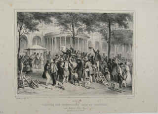 Lithographie de Hyppolyte Bellange sur la Révolution de Juillet Trois Glorieuses. Lecture des Ordonnances dans le Moniteur. Au Jardin du Palais Royal. 26 Juillet, 1830