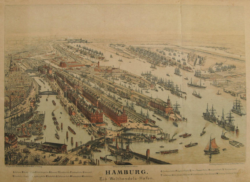 Hamburger Hafen Speicherstadt 1896, alte Lithografie der HafenCity Hamburg.