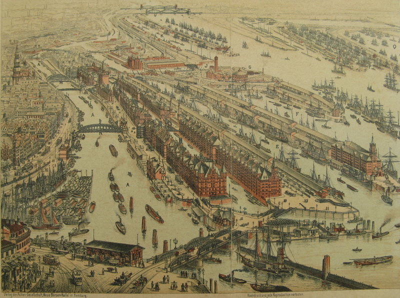 Hamburg HafenCity Speicherstadt. Luftaufnahme in Lithographie von 1896: Baumwall, Binnenhafen, Zollkanal.