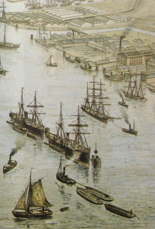 Hamburger Hafen 1888 Ausschnitt aus der Lithografie von Gries &  Urban.