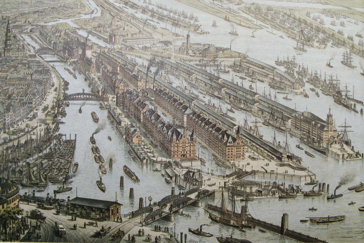Hafencity Lithographie von 1888, Ausschnitt vom Baumwall, Sandtorhöft, Kaiserhöft