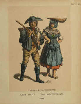 Geestmann und Bardowieckerin in der Tracht von 1800. Farbiges Trachtenbild aus der Umgegend von Hamburg. Altkolorierter Holzstich von Friedrich Hottenroth Blatt Tafel 43 mit gedruckter Signatur Fr. H. ca. 1898