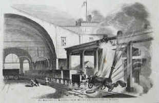 Die Explosion der Windsbraut am 21. Mai 1846 auf dem Leipzig-Dresdener Bahnhof. Lokomotive der LDE, Kesselexplosion