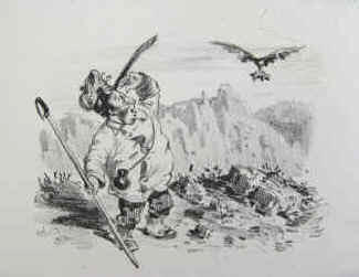 Gustave Doré - Monsieur César Plumet et un aigle porte la marmotte. Lithogrphie 1851.