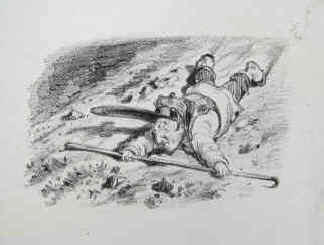 Dés-agréments d'un voyage d'agrément - Gustave Doré - César Plumet plonge dans la pente. Lithogrphie originale 1851.