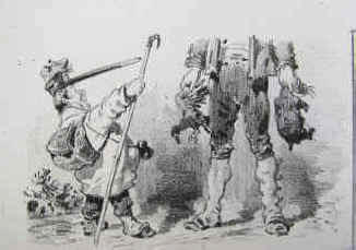 Dés-agréments d'un voyage d'agrément - Gustave Doré. Un géant suisse a attrapé l'aigle et la marmotte.. Lithogrphie originale 1851.