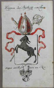  Wappen des Bischöffl. von Chur / Wappen der Freyherrn von Rost. (Wappen des Bischofs von Chur / Wappen der Freiherren von Rost). Altkolorierter Original-Kupferstich mit 2 Abbildungen: 1732 