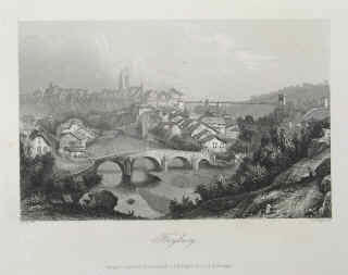  Fribourg Schweiz Stahlstich von Isidore Laurent Deroy, Stadt Ansicht 1850.