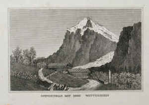 Grindelwald mit dem Wetterhorn. Kupferstich aus Carl Strahlheim Die Wundermappe. Frankfurt 1833