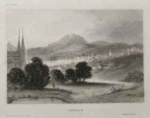 Luzern Original-Stahlstich mit Ansicht der Stadt, dem Luzerner See, Pilatus und der römisch-katholischen Kirche. Hildburghausen, Kunstanstalt Bibliographisches Institut, um 1850