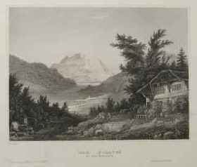 Der Pilatus in der Schweiz Original-Stahlstich nach C. Reiss. Blick über den Vierwaldstättersee zum Pilatus mit Bauernhaus im Vordergrund. Hildburghausen, Kunstanstalt Bibliographisches Institut, um 1850 