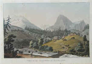 Weibel, Jacob Samuel - View of the Glacier of Roselouvi (Rosenlaui). Kolorierte Umriss-Radierung nach Jacob Samuel Weibel. Coloured engraving. R. Ackermann's Repository of Arts, 1821 / 1823