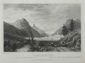 Village of Splugen in the Rheinwald Valley / Dorf Splügen im Rheinwald Tal / Village de Splugen dans la vellée du Rheinwald. Original-Stahlstich von J. Bishop nach William Tombleson. London, Tombleson & Co  um 1835 