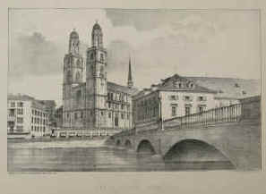 Zürich - Goater, A. / Cassell - View of Zurich Cathedral. Original-Lithographie von A. Goater Nottingham. Aus Cassell's History of Protestantism