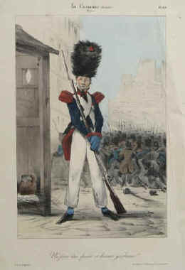 Numa (Pierre Numa Bassaget) - La Caricature (Journal) No. 60, Pl. 120. Né pour être épicier et devenir gendarme! Original handcoloured lithograph (Le garde national sous la monarchie de Juillet). The lithograph is not signed, the artist could be Pierre Numa Bassaget or Alexandre-Gabriel Decamps (Paris), Aubert, 22. Décembre 1831. 