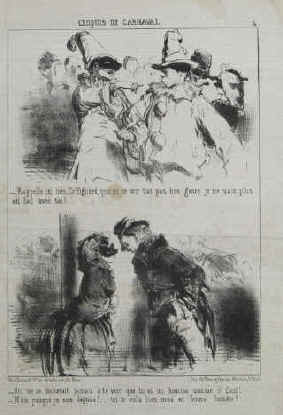 Croquis de carnaval (plate no.) 4 Original lithograph by Charles Edouard De Beaumont from the magazine Le Charivari. Deux sujets par pl. numérotée 4 et papier blanc fort (Paris), Lange-Levy et Cie, rue du Croissant, 16, 1852.