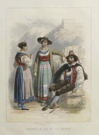 Trachten aus den Kantonen Uri und Tessin 1862. Costumes d' Uri et du Tessin.