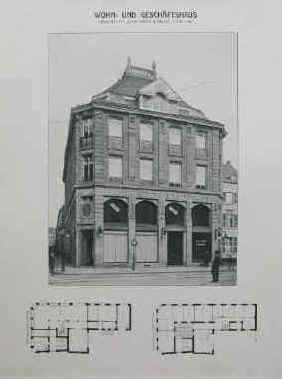 Emil Schreiterer und Bernhard Below - Wohn- und Geschäftshaus - Architekten Emil Schreiterer 1852 - 1927 und Bernhard Below 1854 - 1931 in Köln am Rhein. Die damaligen Geschäfte waren: Franz Meyer & Leiffmann, Tapeten und Linoleum / Franz Schiesser, Cigarren (Zigarren, Tabak, Tabakwaren)