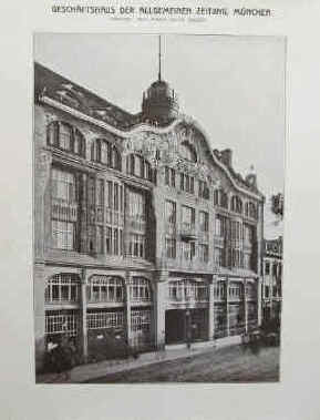 Martin Dülfer (1859 - 1942) - Geschäftshaus der Allgemeinen Zeitung in München. Baujahr 1901. Heute das Pressehaus in der Bayerstraße 57 in der Ludwigsvorstadt in München. Architekt Prof. Martin Dülfer, Hochschullehrer an der TU Dresden. Von 1882 bis 1929 wurde in München die Allgemeine Zeitung verlegt. Heute erscheint die Zeitung als Münchner Merkur. verändert als Süddeutsche Zeitung.