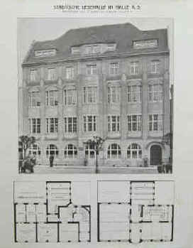 Theodor Lehmann, und Gustav Wolff (1858-1930) - Städtische Lesehalle in Halle an der Saale - Architekten Theodor Lehmann (hier im Druck bezeichnet Joh. Lehmann) und Gustav Wolff in Halle an der Saale. Lesehalle des Vereins für Volkswohl, der heutigen Stadtbibliothek Halle in Sachsen-Anhalt.